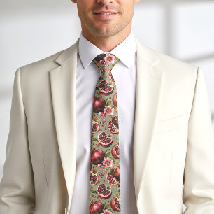 Lush Pomegranate Fruit and Flowers Pattern Neck Tie