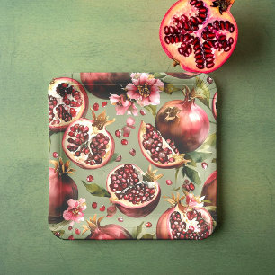 Lush Pomegranate Fruit and Flowers Pattern Paper Plates