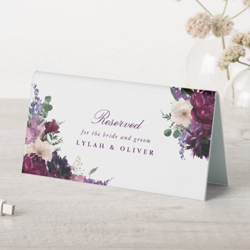 Lush Purple Flowers  Reserved for Bride  Groom Table Tent Sign