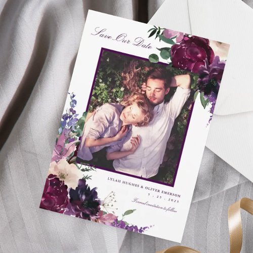 Lush Purple Flowers  Romantic Photo Save Our Date Announcement