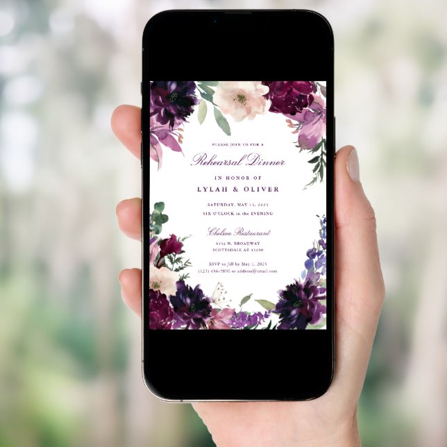 Lush Purple Flowers | Romantic Rehearsal Dinner In Invitation (Front Digital)