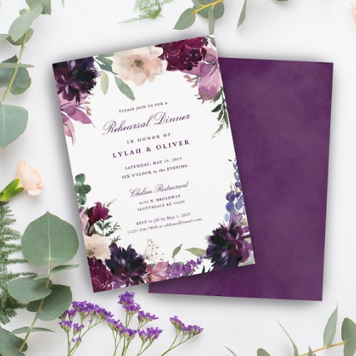 Lush Purple Flowers  Romantic Rehearsal Dinner In Invitation