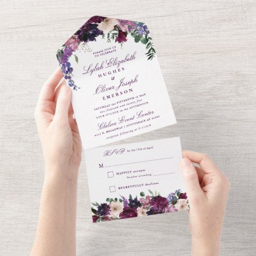 Lush Purple Flowers  Romantic Wedding All In One  All In One Invitation