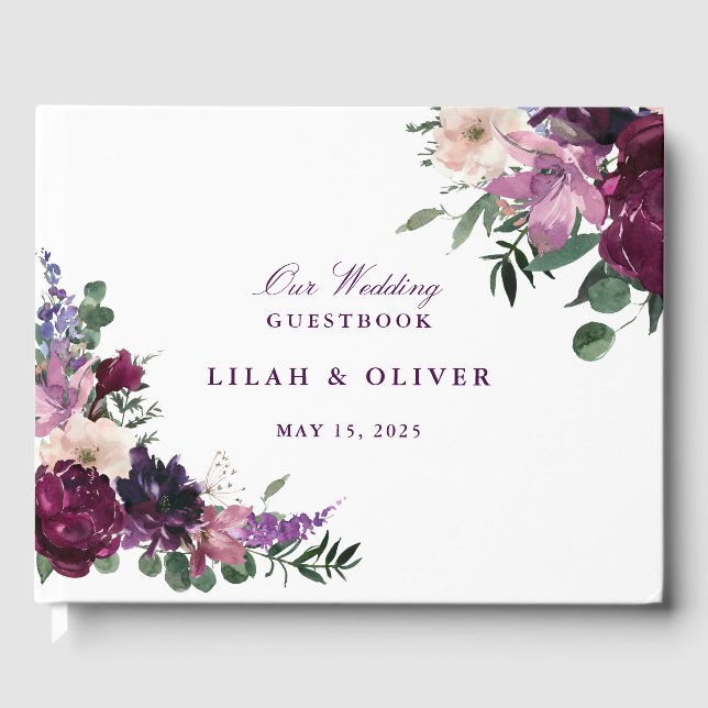 Lush Purple Flowers | Romantic Wedding Guest Book (Front)