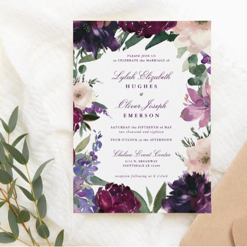 Lush Purple Flowers  Romantic Wedding Invitations
