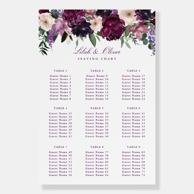 Lush Purple Flowers Romantic Wedding Seating Chart Foam Board (Front)