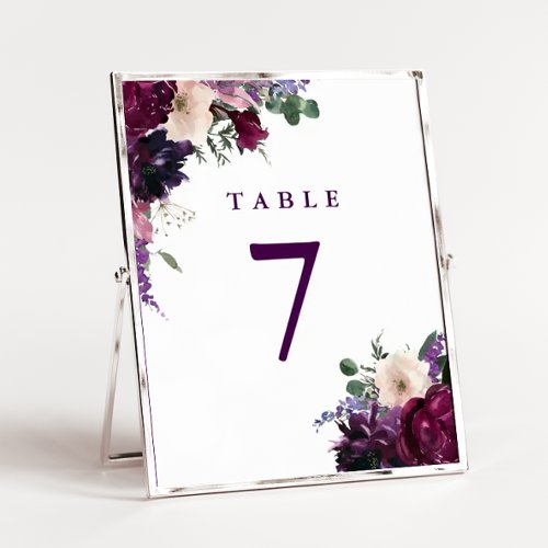 Lush Purple Flowers  Romantic Wedding Table Number