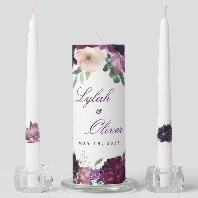 Lush Purple Flowers | Romantic Wedding Unity Candle Set (Front)