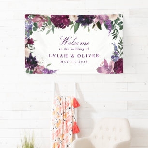 Lush Purple Flowers Romantic Wedding Welcome Banner