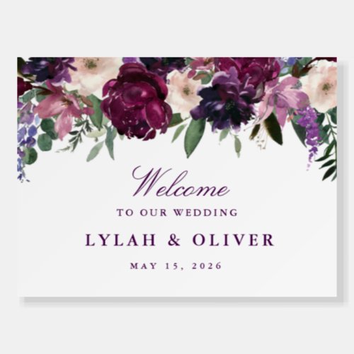 Lush Purple Flowers Romantic Wedding Welcome Sign