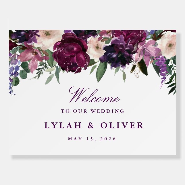 Lush Purple Flowers Romantic Wedding Welcome Sign (Front)