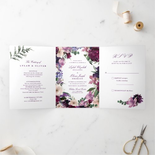 Lush Purple Flowers  Tri_Fold Wedding Invitations