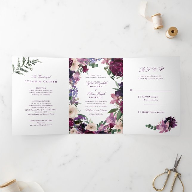 Lush Purple Flowers | Tri-Fold Wedding Invitations (Inside)