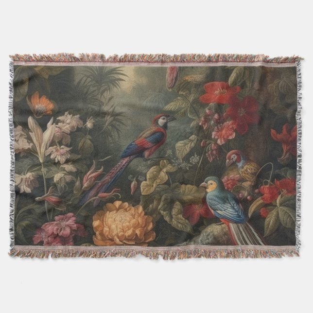 Lush Rainforest Jungle Parrots Botanical Art Throw Blanket (Front)