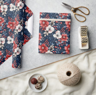 Lush Red and White Floral Pattern on Deep Navy Wrapping Paper