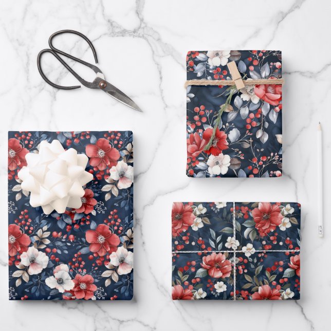 Lush Red and White Floral Pattern on Deep Navy Wrapping Paper Sheets (Front)