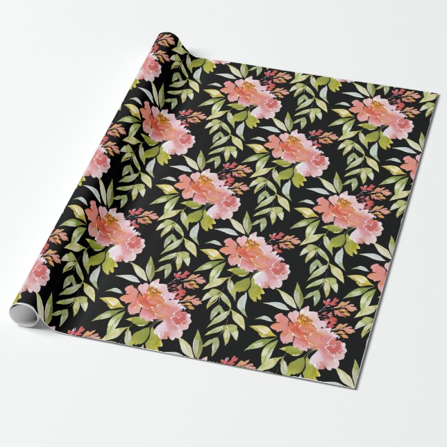 Lush Red Floral Greenery on Black Wrapping Paper (Unrolled)