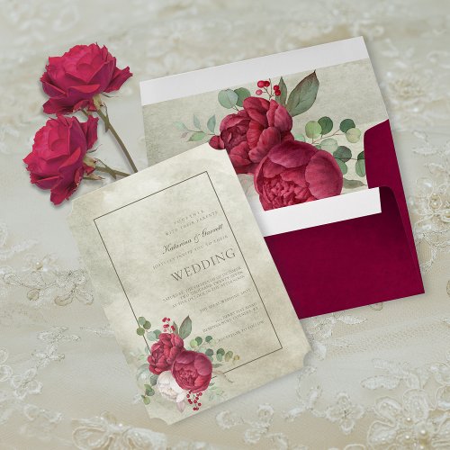 Lush Red Peony Posy Aged Green Watercolor Envelope