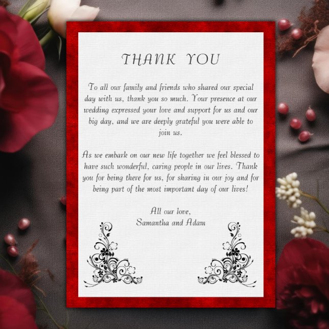 Lush Red Velvet, Black Ornaments Wedding Thank You Card (Creator Uploaded)