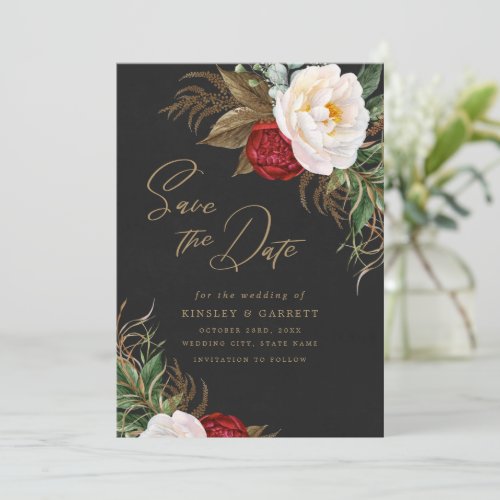 Lush Red Watercolor Peonies Floral Black Gold Save The Date