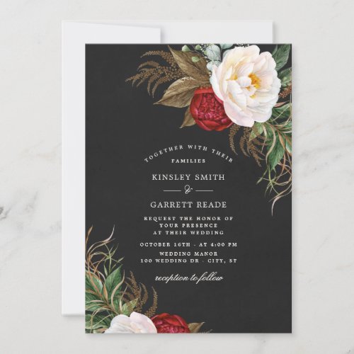 Lush Red Watercolor Peonies Floral Black Wedding Invitation