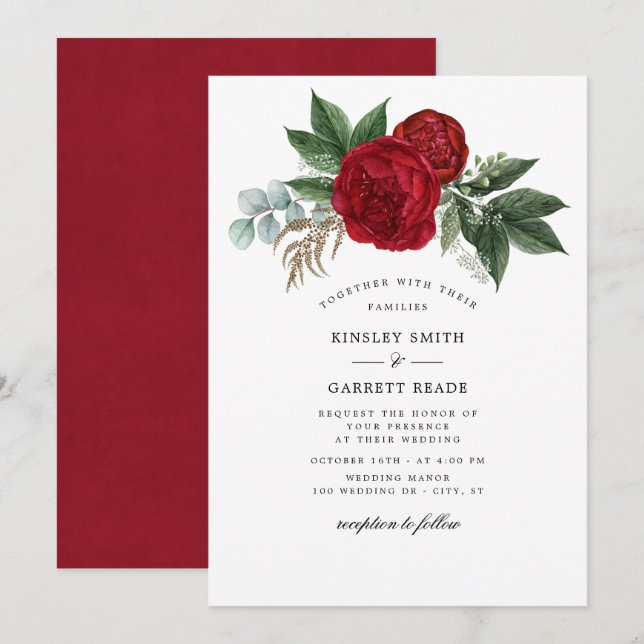 Lush Red Watercolor Peonies White Wedding Invitation (Front/Back)
