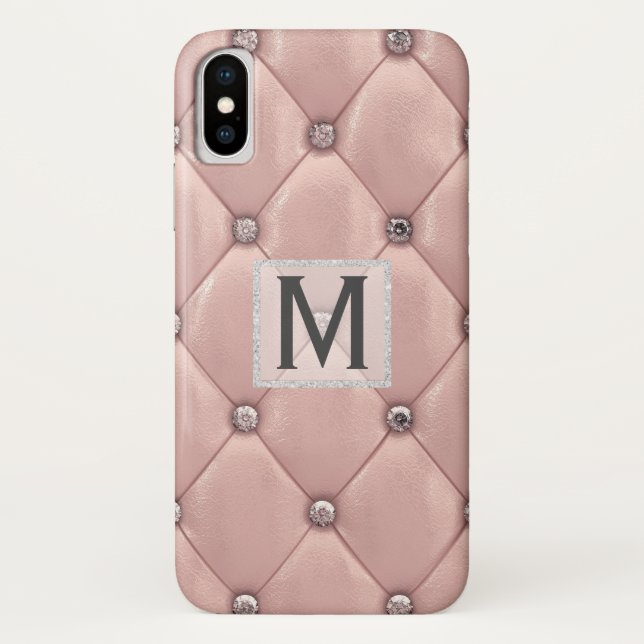 Lush Rose Gold Faux Leather & Diamonds Monogrammed Case-Mate iPhone Case (Back)