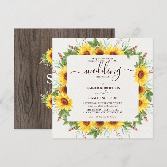 Lush Rustic Watercolor Sunflowers Wedding Invitation (Front/Back)