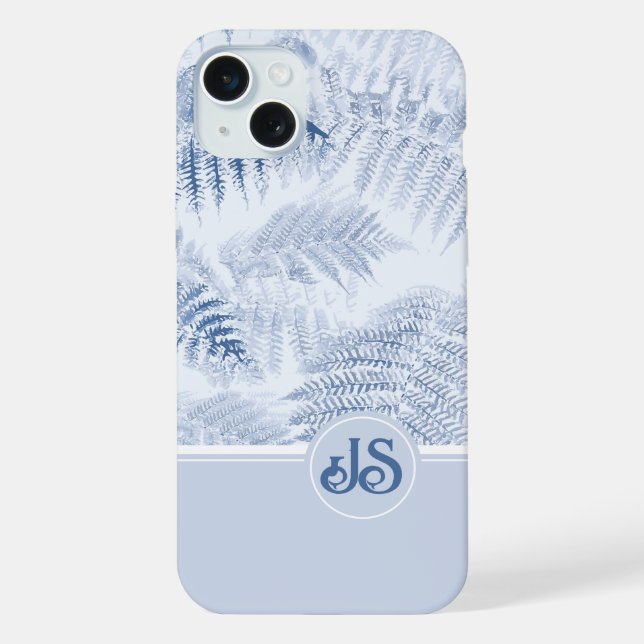 Lush Serene Blue Ferns Monogram Initials  iPhone Case (Back)