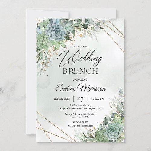 Lush succulents bouquet eucalyptus wedding brunch invitation