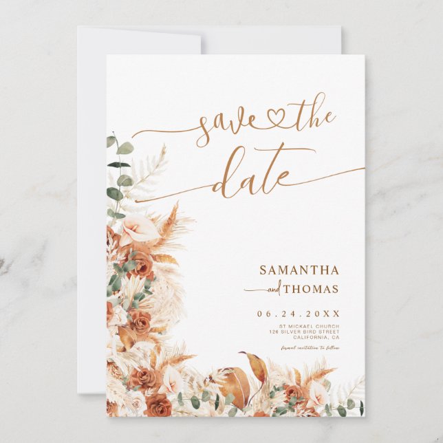 Lush Terracotta Floral Boho Chic Wedding Save The Date (Front)