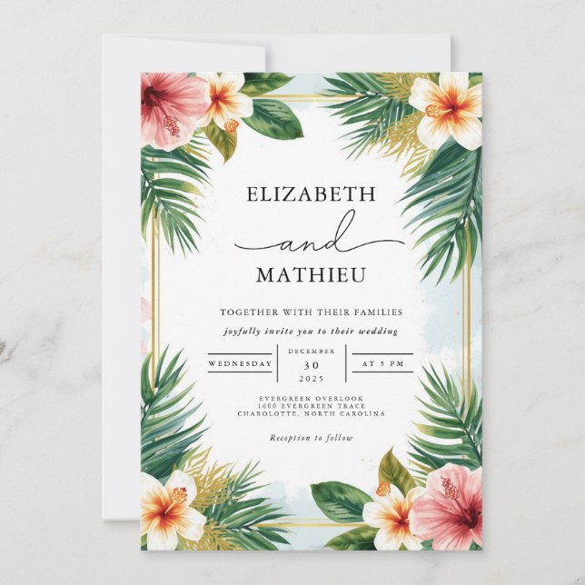 Lush Tropical Bloom Accent Wedding Invitation (Front)