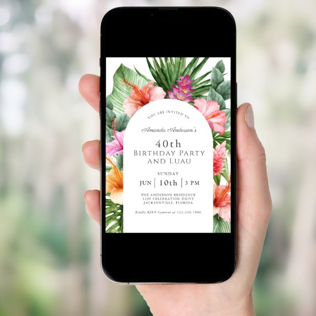 Lush Tropical Floral 40th Birthday Party and Luau Invitation (Front Digital)