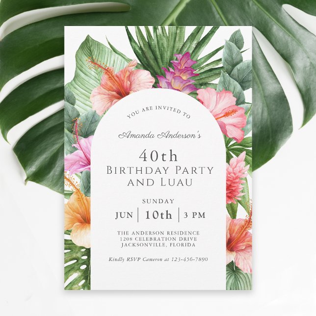 Lush Tropical Floral 40th Birthday Party and Luau Invitation (These invitations may be ordered as printed or paperless digital download invitations!)