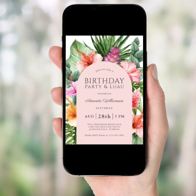 Lush Tropical Floral Birthday Party and Luau Invitation (Front Digital)