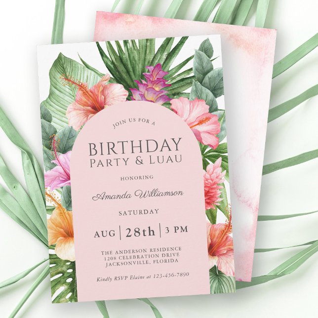 Lush Tropical Floral Birthday Party and Luau Invitation (The perfect invitation for a birthday party luau around the pool.)