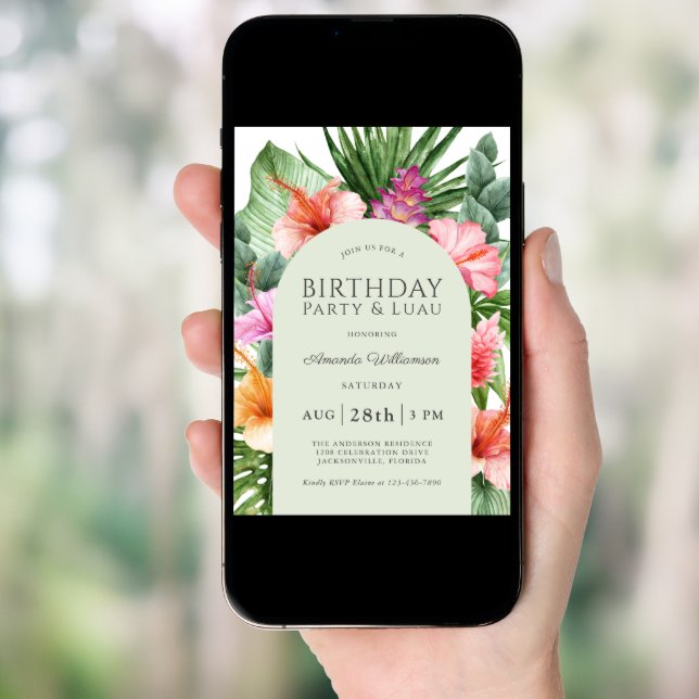 Lush Tropical Floral Birthday Party and Luau Invitation (Front Digital)
