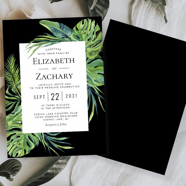 Lush Tropical Foliage Frame Black Wedding Invitation (Creator Uploaded)