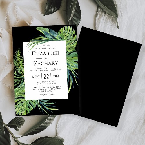 Lush Tropical Foliage Frame Black Wedding Invitation