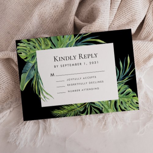 Lush Tropical Foliage Frame Black Wedding RSVP 