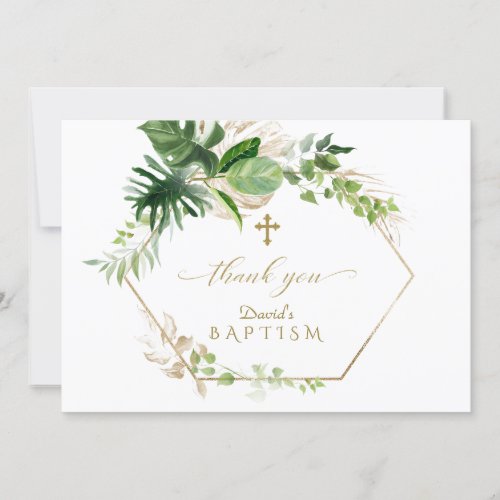 Lush Tropical Foliage Gold Cross Boy Baptism Thank You Card