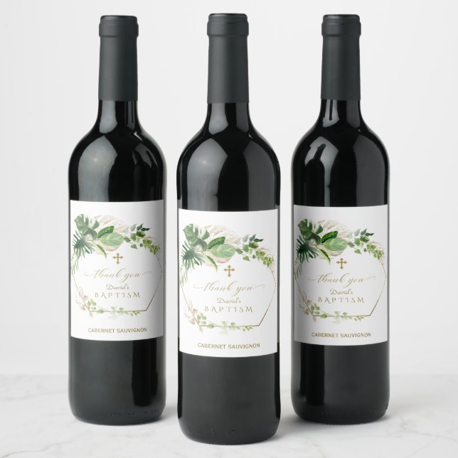 Lush Tropical Foliage Gold Cross Boy Baptism Wine Label (Bottles)