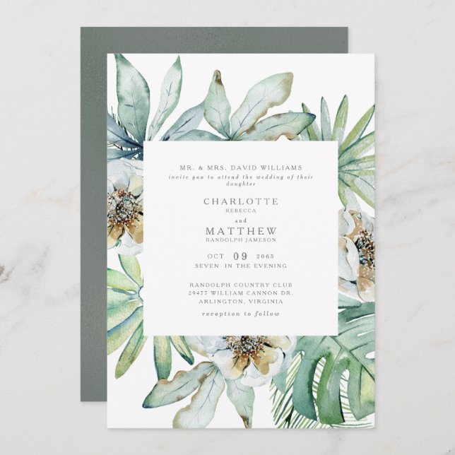  Lush Tropical Foliage Sage Wedding Invitation (Front/Back)