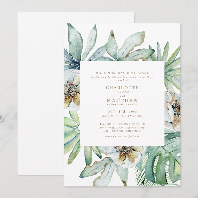  Lush Tropical Foliage White Wedding Invitation (Front/Back)