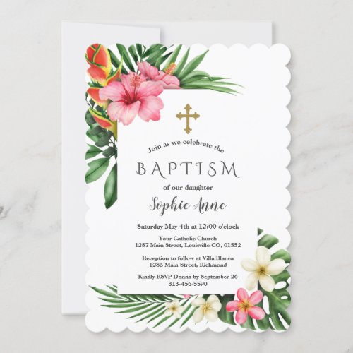 Lush Tropical Garden Flowers Bloom Girl Baptism Invitation