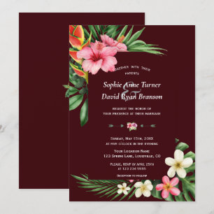 Lush Tropical Garden Flowers Deep Burgundy Wedding Invitation