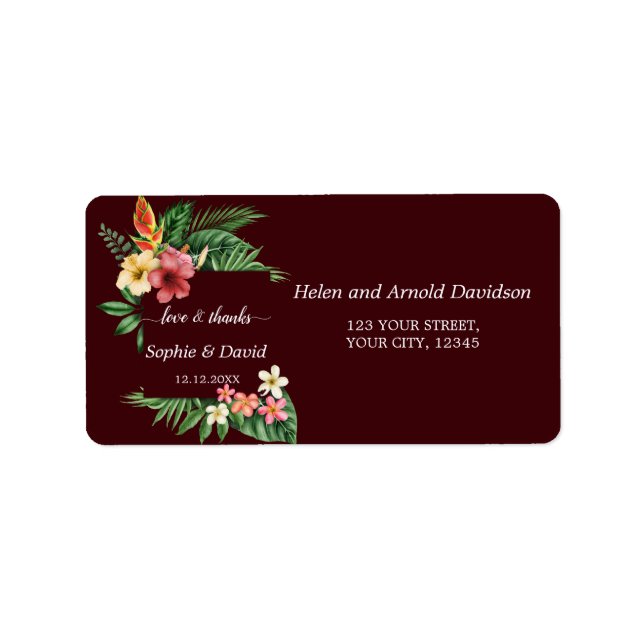 Lush Tropical Garden Flowers Deep Burgundy Wedding Label (Front)