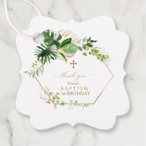 Lush Tropical Gold Leaves 1st Birthday  Baptism Favor Tags
