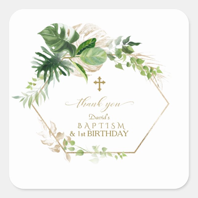 Lush Tropical Gold Leaves 1st Birthday & Baptism Square Sticker (Front)