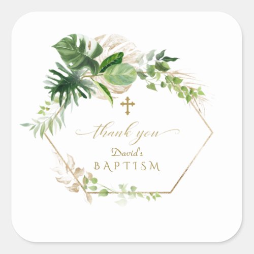 Lush Tropical Gold Leaves Gold Cross Baptism Square Sticker
